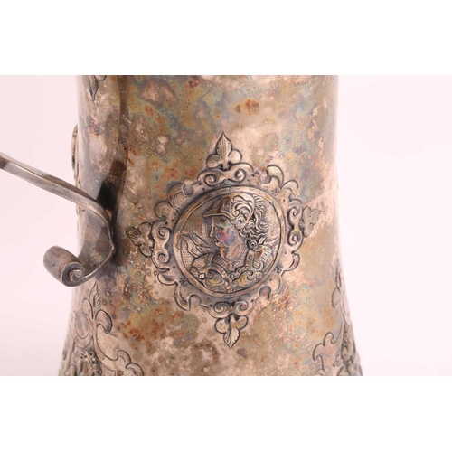 542 - A Hungarian electroplated lidded tankard. Tapering cylindrical with reeded skirt foot; the body with... 
