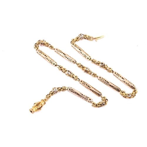 57 - A 19th-century fancy link chain, consisting of pierced bar links flanking textured woven links, to a... 