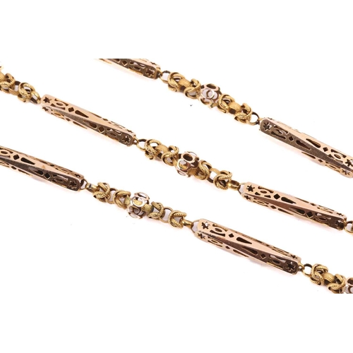 57 - A 19th-century fancy link chain, consisting of pierced bar links flanking textured woven links, to a... 
