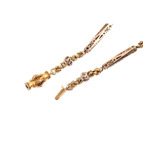 57 - A 19th-century fancy link chain, consisting of pierced bar links flanking textured woven links, to a... 
