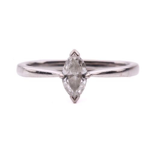 58 - A marquise diamond solitaire ring, the marquise cut diamond with an estimated weight of 0.45cts, in ... 