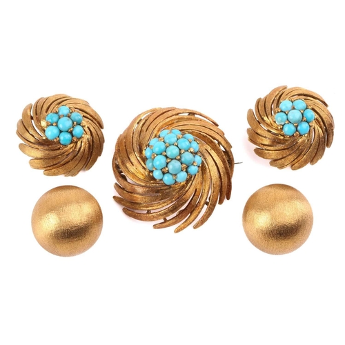 7 - A turquoise brooch and clip-on earrings ensuite, together with another; the brooch centred with a cl... 