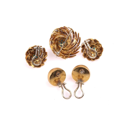 7 - A turquoise brooch and clip-on earrings ensuite, together with another; the brooch centred with a cl... 