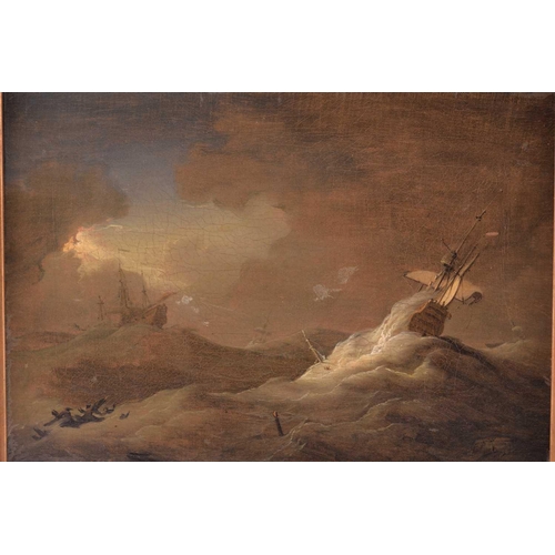 10 - 18th century Continental School, Galleons in a Storm, indistinctly signed bottom right, oil on canva... 