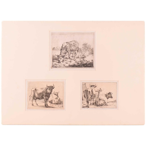 108 - Karel Dujardin (1626-1678) Dutch, three small etchings, studies of sheep, each circa 8 cm x 10 cm, t... 