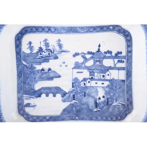 115 - A Chinese blue and white export porcelain dish (entre base?) of almost square form with re-entrant c... 