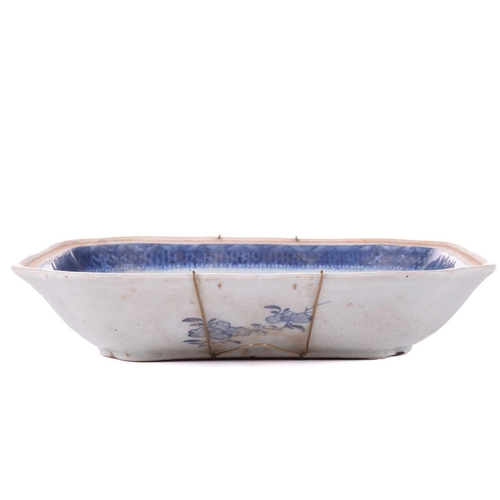 115 - A Chinese blue and white export porcelain dish (entre base?) of almost square form with re-entrant c... 