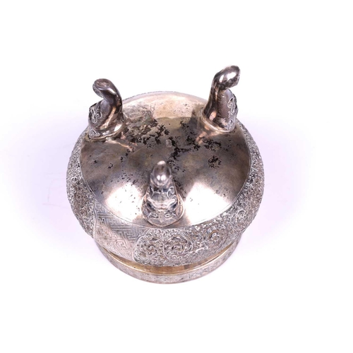 119 - A Chinese silver censer of circular squat-bellied form, late Qing Dynasty/early Republic, the body w... 