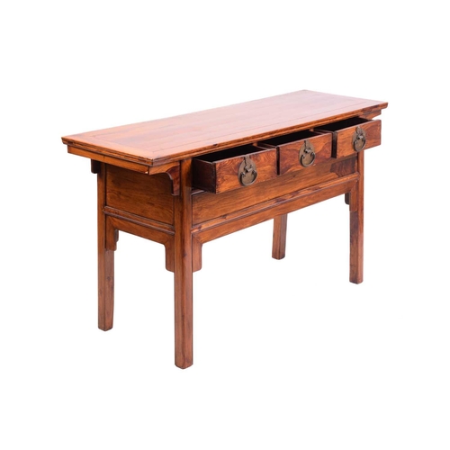 120 - A Chinese HuangHuali (Dalbergia Odorifera) three-drawer side table, probably 20th century, with a we... 