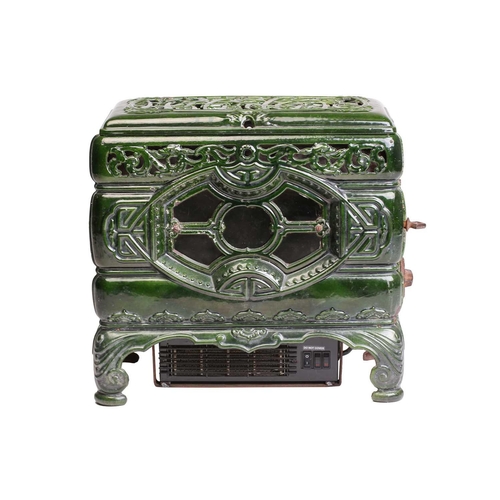 138 - A Faure Revin 'Mah Jong' green enamelled stove, converted into an electric heater, 50 cm wide, 46 cm... 