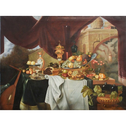 14 - L. Martin (20th century), Still Life of Fruit and Pie, a Lute leaning on the table, signed, oil on c... 