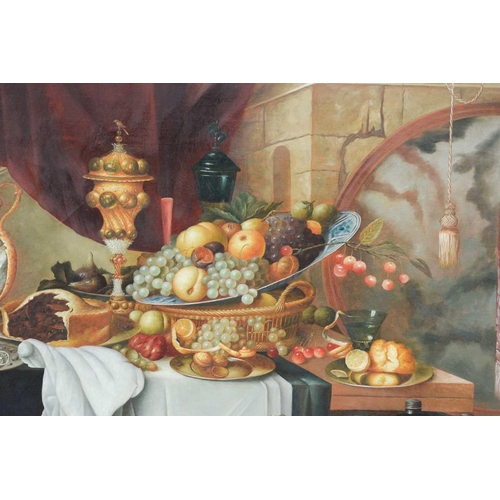 14 - L. Martin (20th century), Still Life of Fruit and Pie, a Lute leaning on the table, signed, oil on c... 