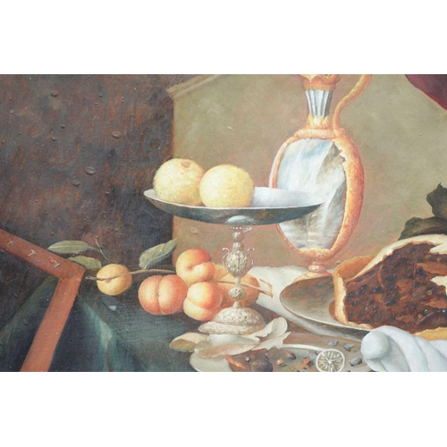 14 - L. Martin (20th century), Still Life of Fruit and Pie, a Lute leaning on the table, signed, oil on c... 