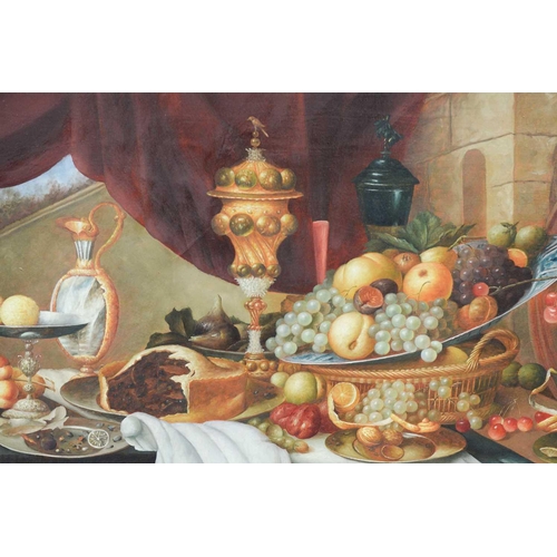 14 - L. Martin (20th century), Still Life of Fruit and Pie, a Lute leaning on the table, signed, oil on c... 