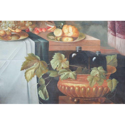 14 - L. Martin (20th century), Still Life of Fruit and Pie, a Lute leaning on the table, signed, oil on c... 