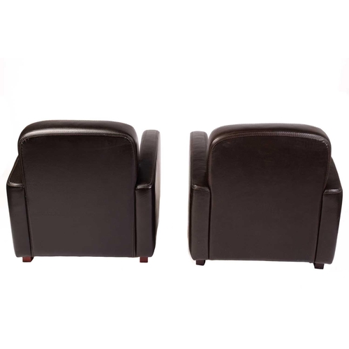 141 - A pair of Art Deco style brown hide upholstered deep-seated easy armchairs, late 20th century, with ... 