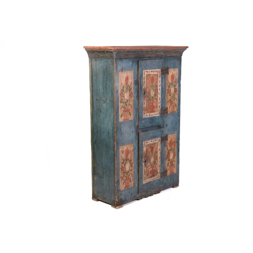 142 - A Swiss Folk Art naive painted cupboard/hutch, early 20th century and later, fitted two cupboard doo... 