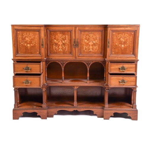 146 - A fine Edwardian mahogany and inlaid inverted breakfront side cabinet, the arched broken pediment ov... 