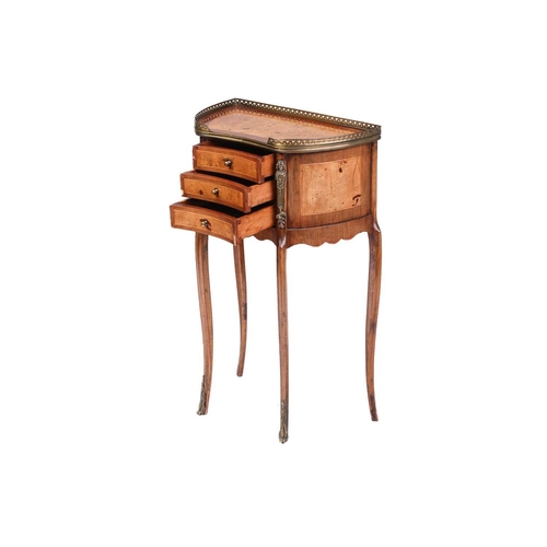 149 - A Louis XVI style burr elm veneered and crossbanded side table, the brass gallery bowed top with con... 