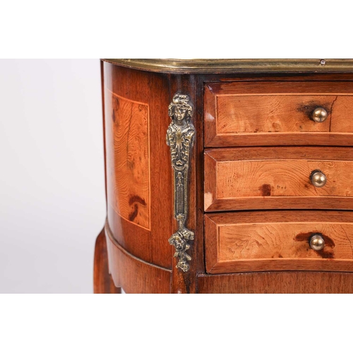 149 - A Louis XVI style burr elm veneered and crossbanded side table, the brass gallery bowed top with con... 