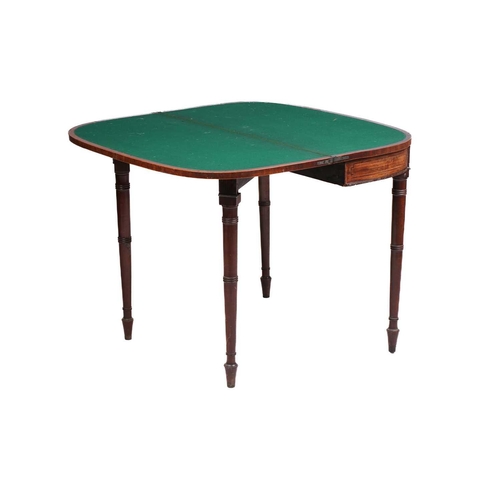 153 - An early 19th century mahogany and rosewood crossbanded foldover card table, with bowed front boxwoo... 