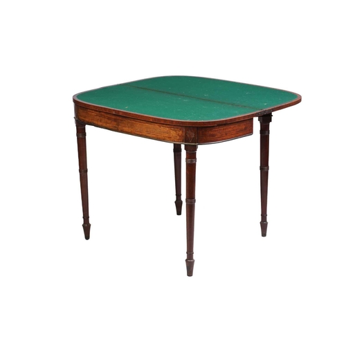 153 - An early 19th century mahogany and rosewood crossbanded foldover card table, with bowed front boxwoo... 