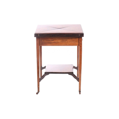 154 - An Edwardian inlaid rosewood envelope card table, the square top inlaid in ivorine and boxwood depic... 