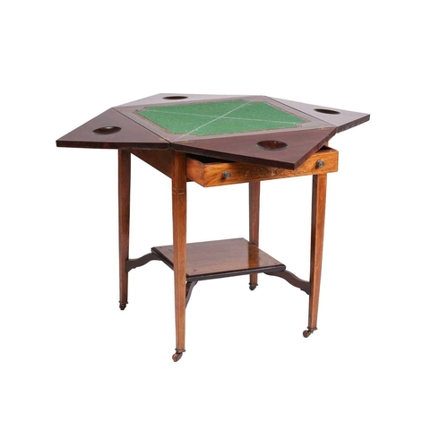 154 - An Edwardian inlaid rosewood envelope card table, the square top inlaid in ivorine and boxwood depic... 