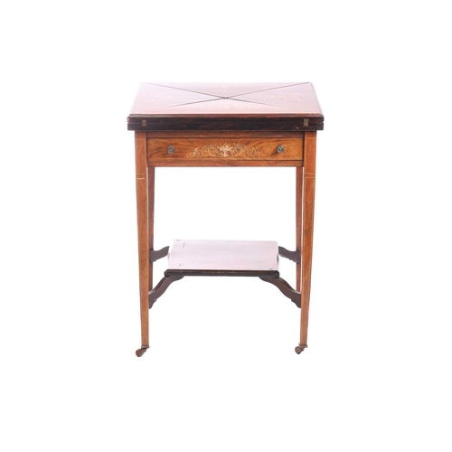 154 - An Edwardian inlaid rosewood envelope card table, the square top inlaid in ivorine and boxwood depic... 