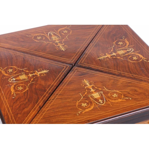 154 - An Edwardian inlaid rosewood envelope card table, the square top inlaid in ivorine and boxwood depic... 