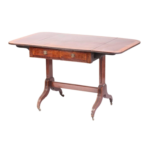 155 - A Sheraton period satinwood crossbanded mahogany sofa table, the top inlaid with running bands of fl... 