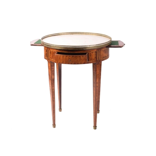 168 - A French Louis XVI style marble-topped circular Bouillotte table, 19th century and later, with a pai... 