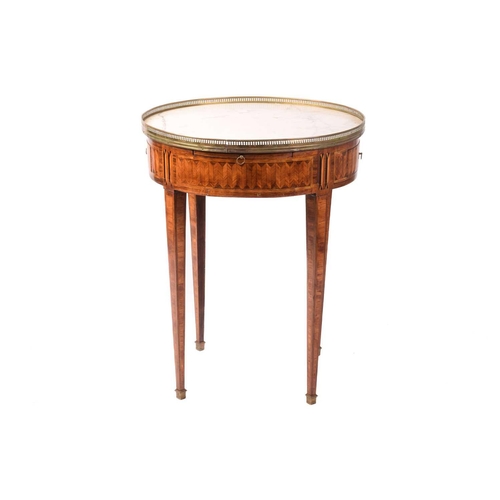 168 - A French Louis XVI style marble-topped circular Bouillotte table, 19th century and later, with a pai... 