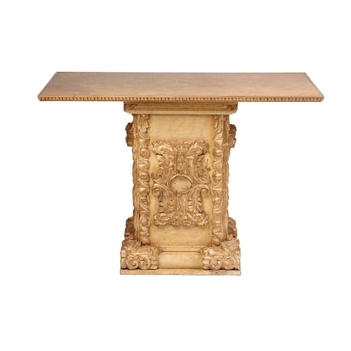 170 - A Mexican carved painted and gilt pedestal table, 20th century, with a rectangular overhanging top, ... 