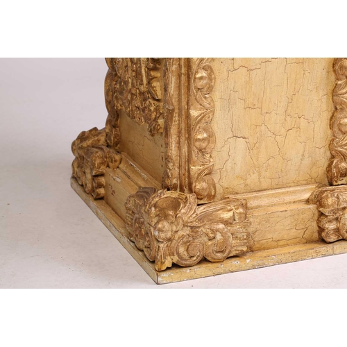 170 - A Mexican carved painted and gilt pedestal table, 20th century, with a rectangular overhanging top, ... 