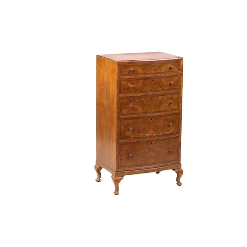 171 - A Heal & Sons Ltd walnut and mahogany crossbanded bow front chest, five drawers, on cabriole legs, H... 