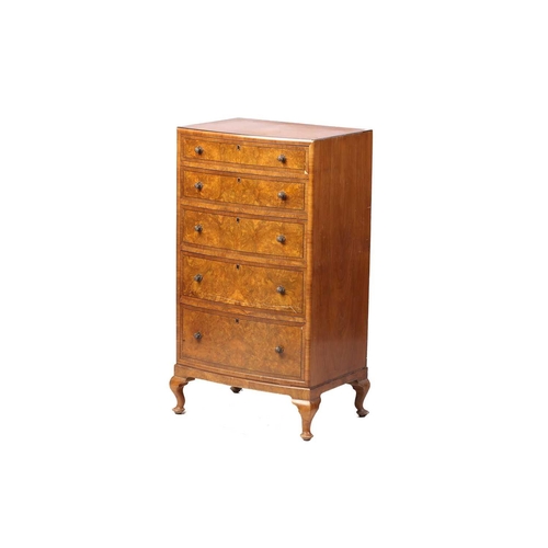 171 - A Heal & Sons Ltd walnut and mahogany crossbanded bow front chest, five drawers, on cabriole legs, H... 