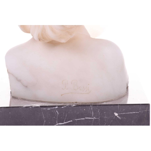 195 - P. Bassi, white marble shoulder-length bust of a child, signed verso, mounted on a black marble plin... 