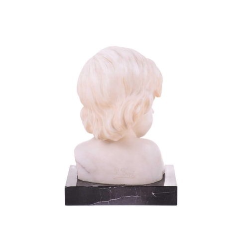 195 - P. Bassi, white marble shoulder-length bust of a child, signed verso, mounted on a black marble plin... 