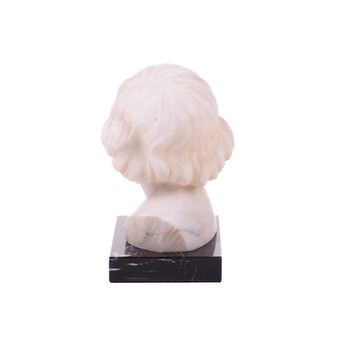 195 - P. Bassi, white marble shoulder-length bust of a child, signed verso, mounted on a black marble plin... 