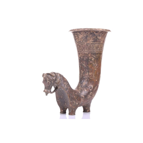 196 - An Achaemenid style bronze rhyton, with horse head protome, the rim engraved with islamic script, 29... 