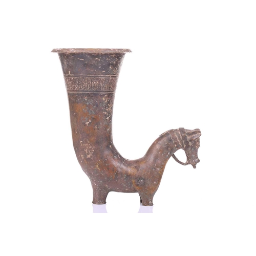 196 - An Achaemenid style bronze rhyton, with horse head protome, the rim engraved with islamic script, 29... 