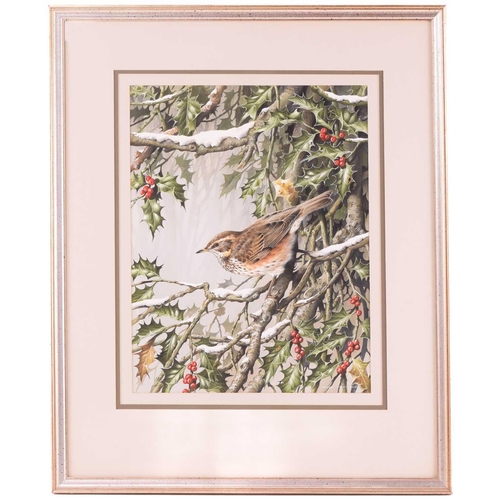 20 - † Terance James Bond (b.1946) British, 'Redwing', the bird amongst holly on snow-covered branches, a... 