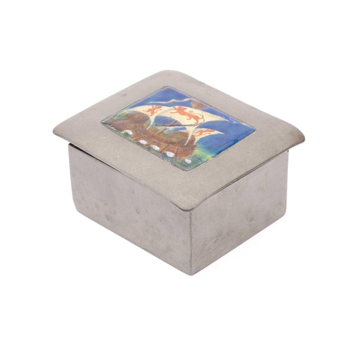 205 - A Liberty & Co of London Tudric 0544 rectangular hammered pewter and hard enamelled cigarette box, t... 