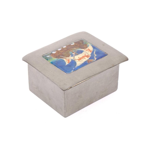 205 - A Liberty & Co of London Tudric 0544 rectangular hammered pewter and hard enamelled cigarette box, t... 