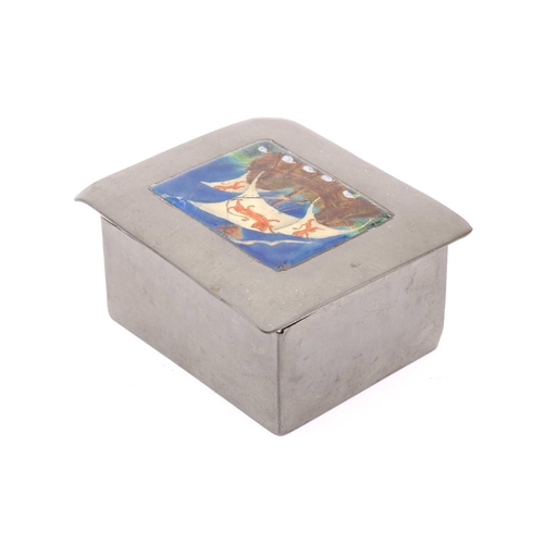 205 - A Liberty & Co of London Tudric 0544 rectangular hammered pewter and hard enamelled cigarette box, t... 