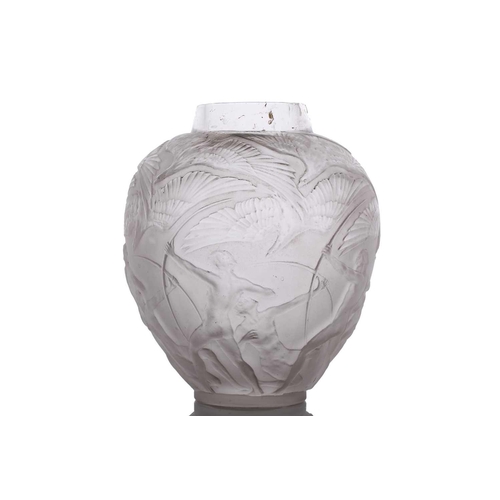 207 - René Lalique: a clear and frosted glass 'Archer's' vase, depicting naked archers and birds, etched R... 