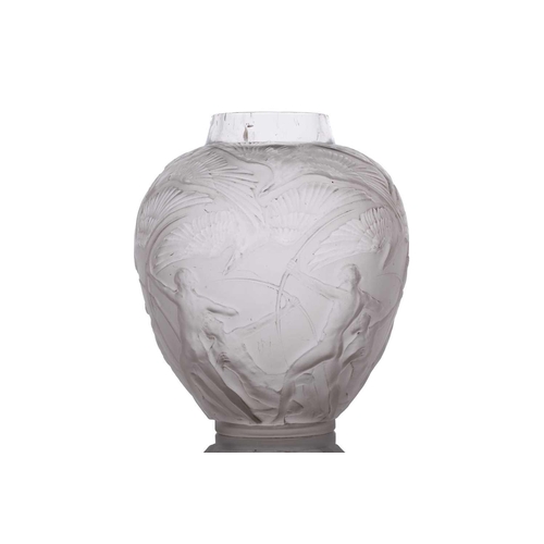 207 - René Lalique: a clear and frosted glass 'Archer's' vase, depicting naked archers and birds, etched R... 