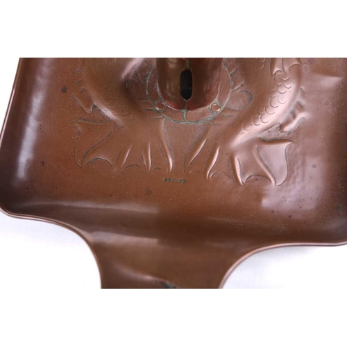 211 - A Newlyn School rectangular dressing table copper tray embossed with floral buds and a central carto... 