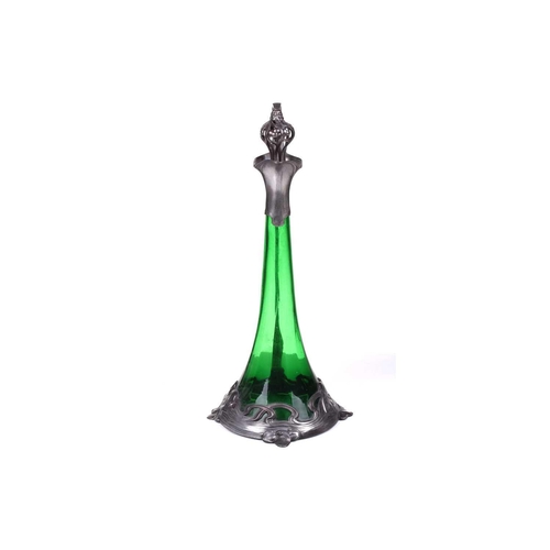 212 - Albert Mayer for WMF, a pewter mounted green glass claret jug / ewer, c.1900, of inverted tapering f... 